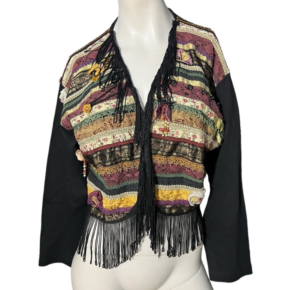 Vintage Joyou Fringe Cotton Western Bolero Jersey Knit Removeable Shoulder Pads - Picture 2 of 11